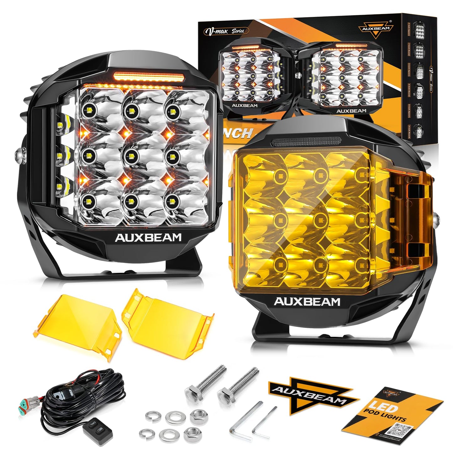 Auxbeam 7 Inch LED Pod Light, V-MAX Series 228W Off-Road Driving Side Shooter Cube Lights with Amber DRL & Backlight, 270° Super Bright Spot Flood Combo Pod with Cover for Trucks SUV UTV ATV