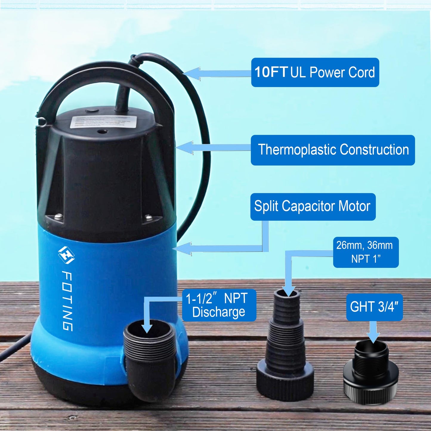 FOTING Sump Pump 1HP Clean/Dirty Submersible Water Pump,4600GPH Utility Pump Thermoplastic Electric Portable Transfer Water Pump for Swimming Pool Pond Basement with 10ft Power Cord,Manual