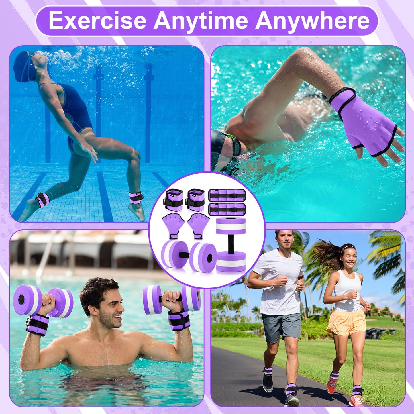 Hollowfly 6 Pcs Water Aerobics Equipment Set Full Body Pool Exercise Kit, 2 Aqua Dumbbells, 2 Adjustable 1lb Ankle/Wrist Weights, 2 Webbed Swim Gloves, Low Impact Aquatic Workout Gear(Purple)