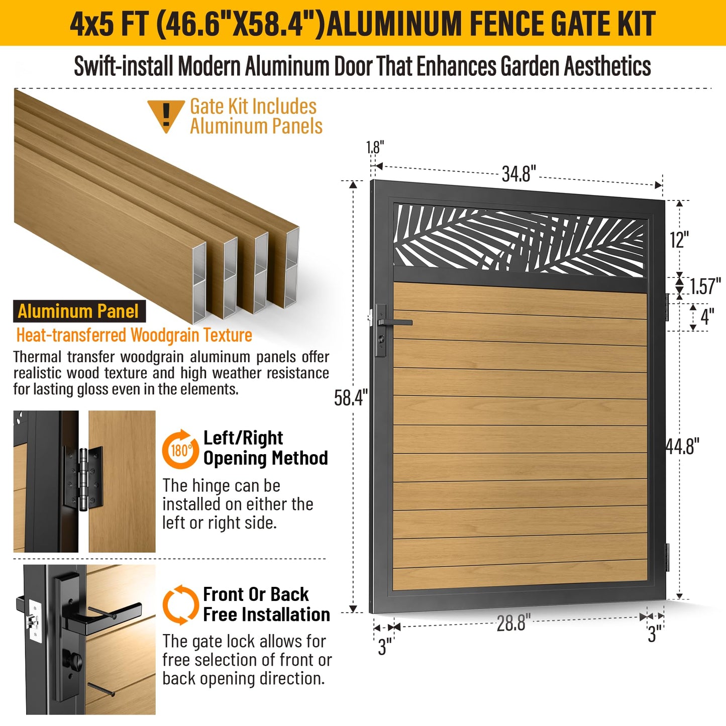Brukid 4x5 FT Aluminum Fence Gate Kit Wood Grain Aluminum Gate with Decorative Cutout, Lock & Hinges, Left/Right Opening, Weather Resistant for Yard Garden Patio