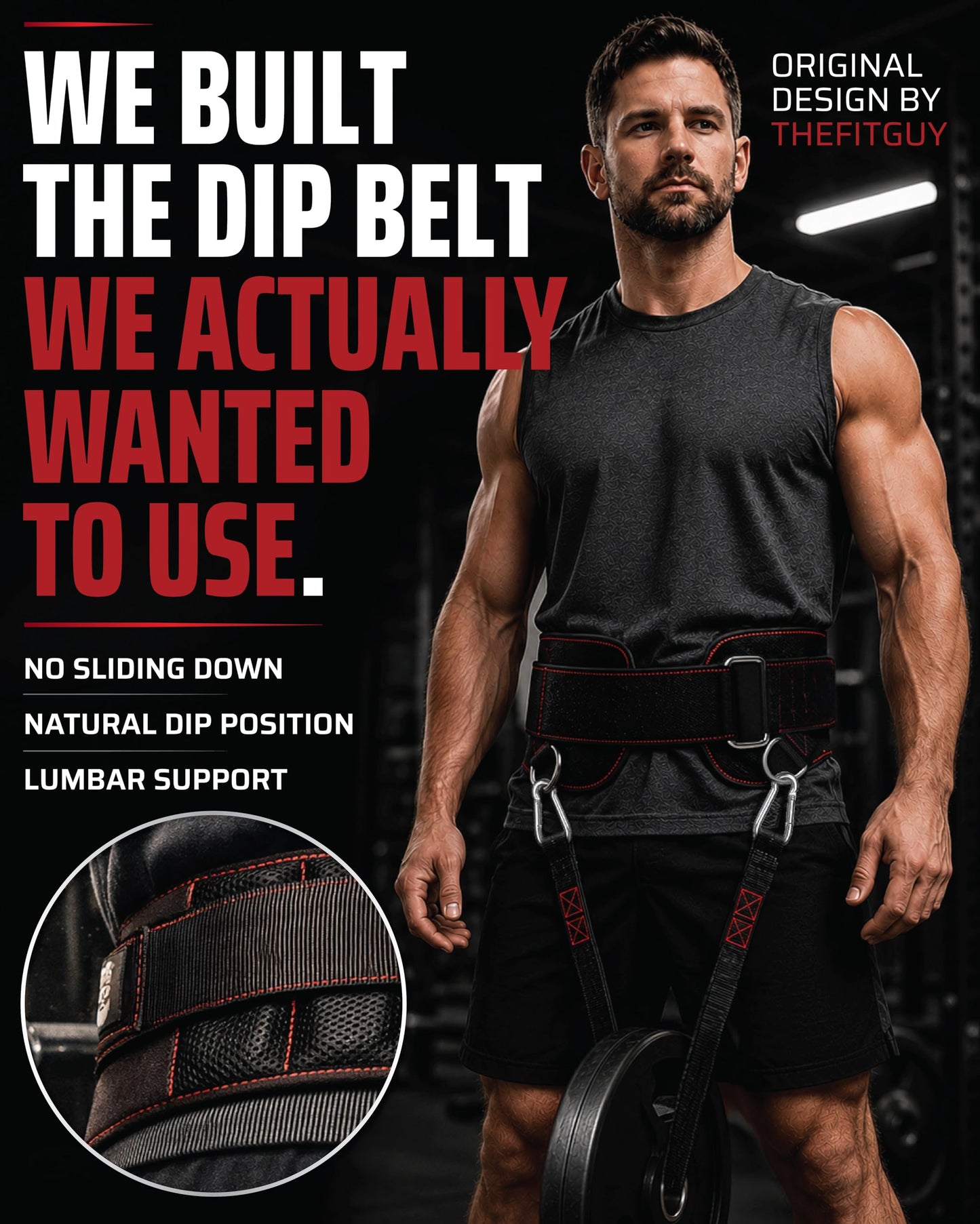 THEFITGUY Dip Belt with Strap – No Slip Secure Closure | 250lb Heavy Duty | Belt Squat Attachment, Weighted Dips, Pull Ups | Structured Back Support | 45-Degree Angle Rings, 2 Snap Hooks Included