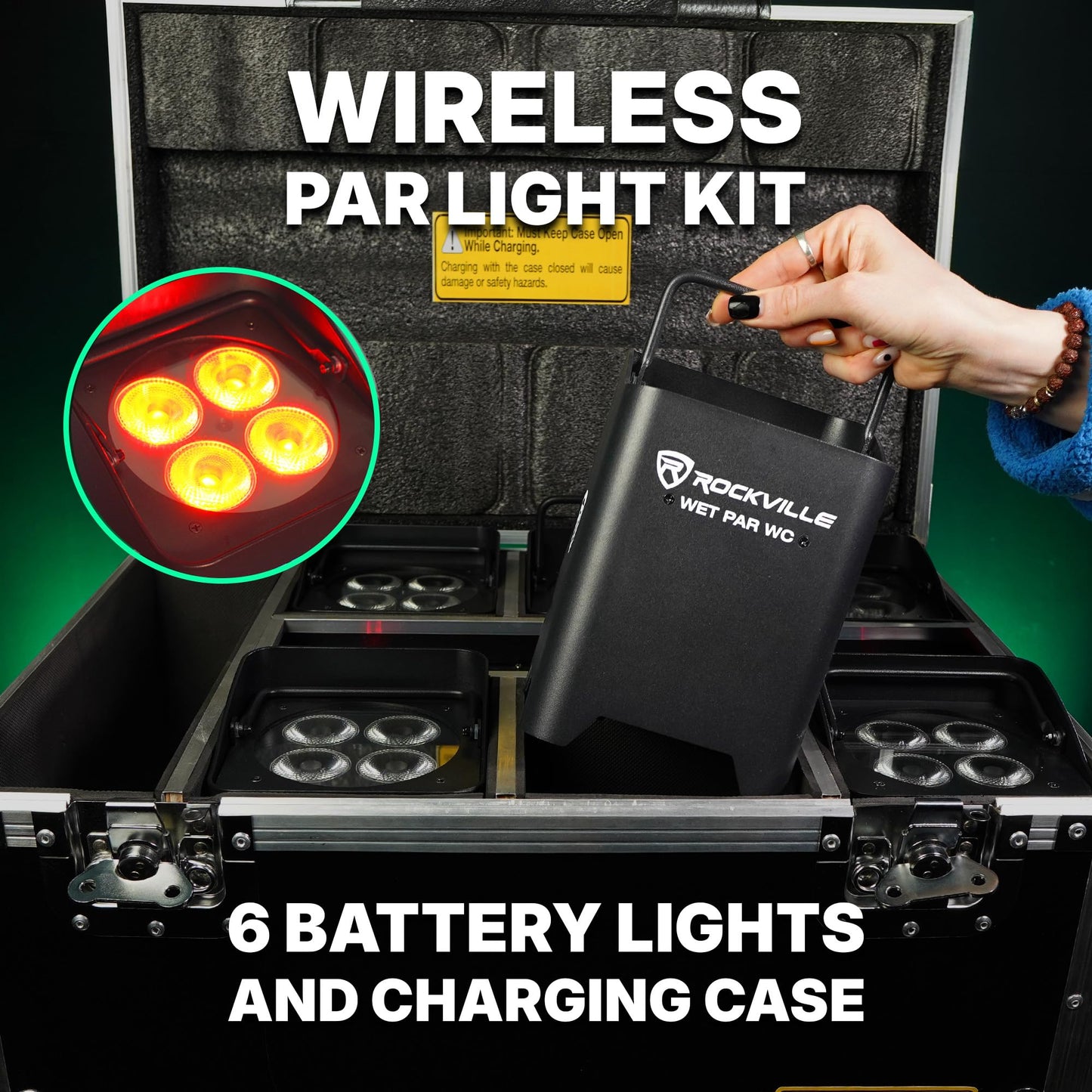 Rockville Wet PAR WC Package Black 18W RGBWA+UV Par Wash Lights, Wireless Charging Case, IP65 Water-Resistant, App-Controlled, for DJ Events and Venues (6 Lights)