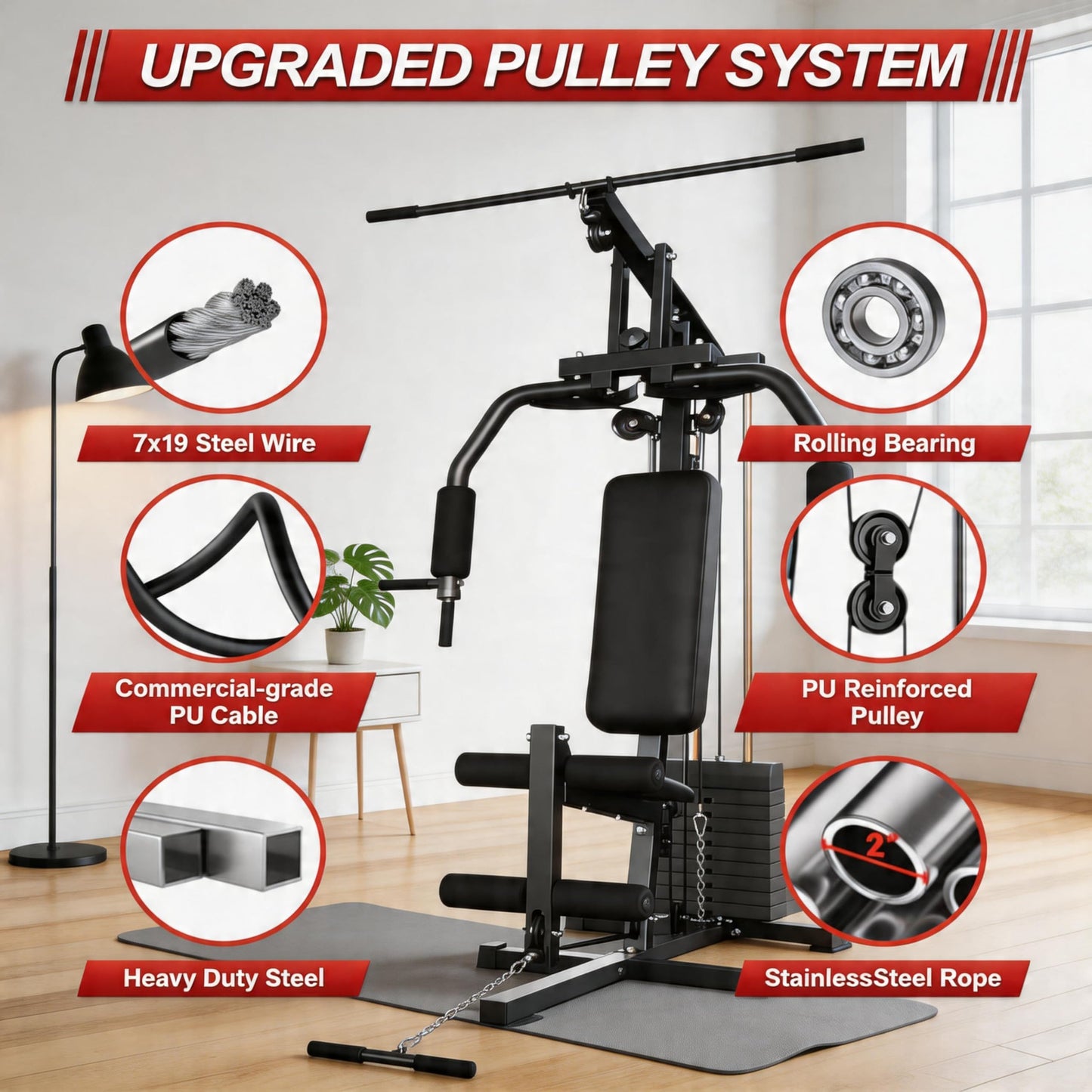 Home Gym Machine with 100LB Weight Stack, Multifunctional Full Body Workout Station for LAT Pulldown, Chest Press, Leg Extension & Strength Training, Compact Fitness Equipment for Home Use