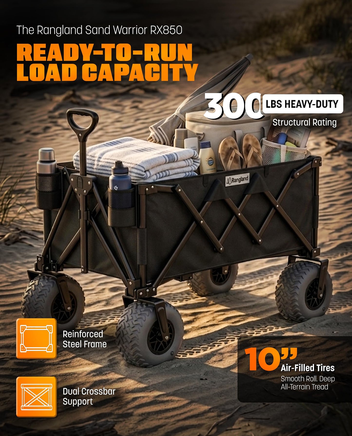Beach Wagon with Heavy-Duty 10" Air Tires - All Terrain Folding Card with Big Wheels for Sand and Gravel - 300 LB. Capacity (Black)