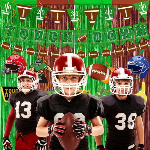 Football Party Decorations 25Pcs Brown Green Football Curtains Pre-Assembled Banner Hanging Swirl Spirals for Football Game Day Sunday Night Photo Booth Backdrops Theme Birthday Party Supplies Decors