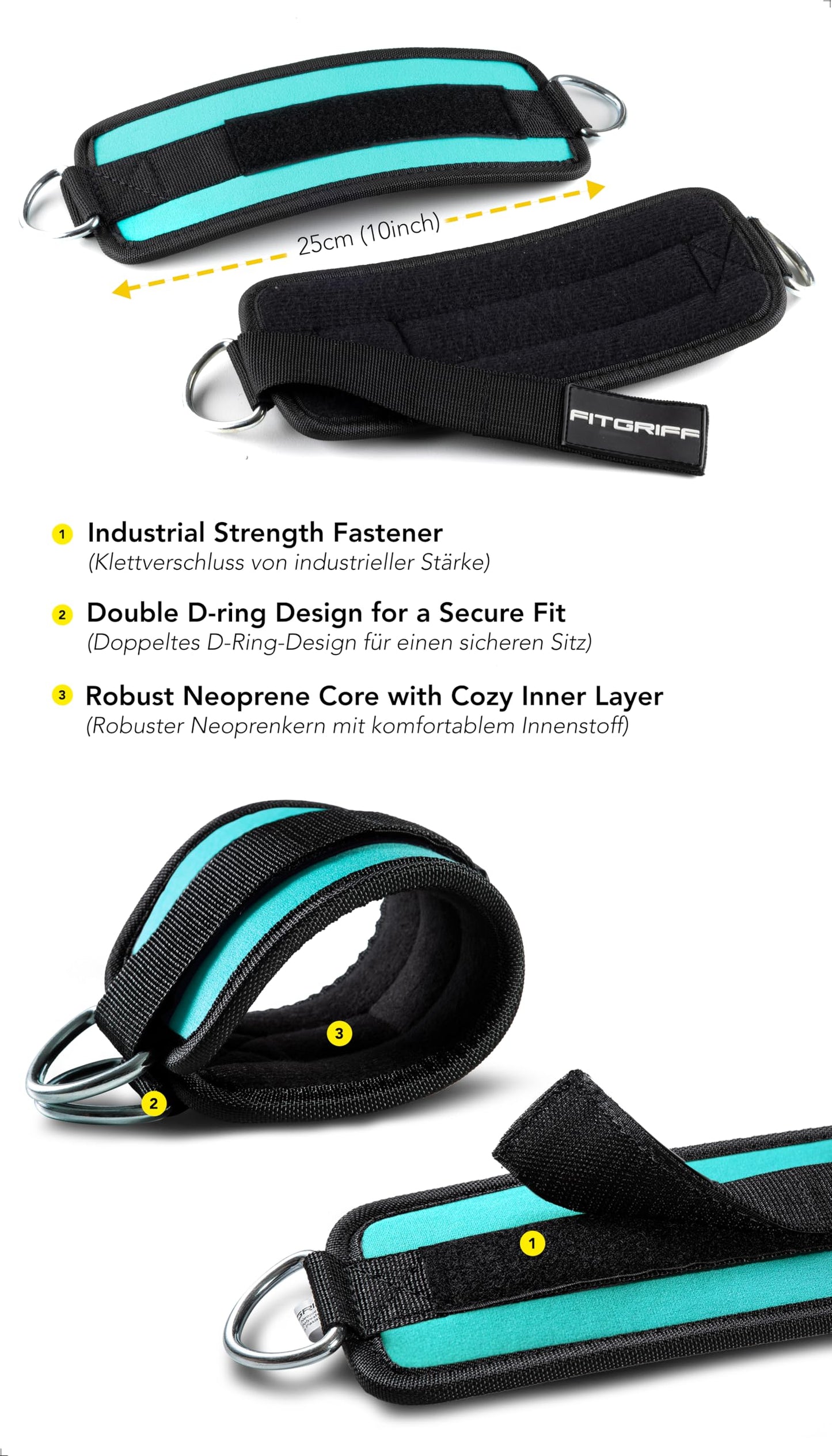 Fitgriff® Ankle Straps V1 for Cable Machine (2 Pieces) - Gym Workout Equipment - Leg Pulley Attachment, Kickback Straps (Cyan)