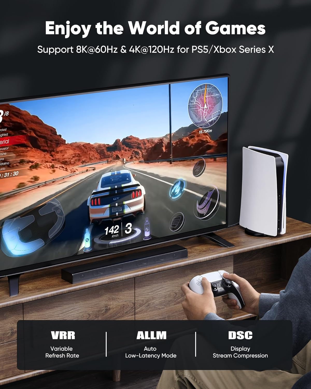 10ft 8K 4K@120Hz 2.1, 48Gbps PS5/4, 8K@60Hz, 2K@240Hz, 144Hz, 2.2 2.3, Capshi HDMI Cable High Speed Cord for TV, Gaming