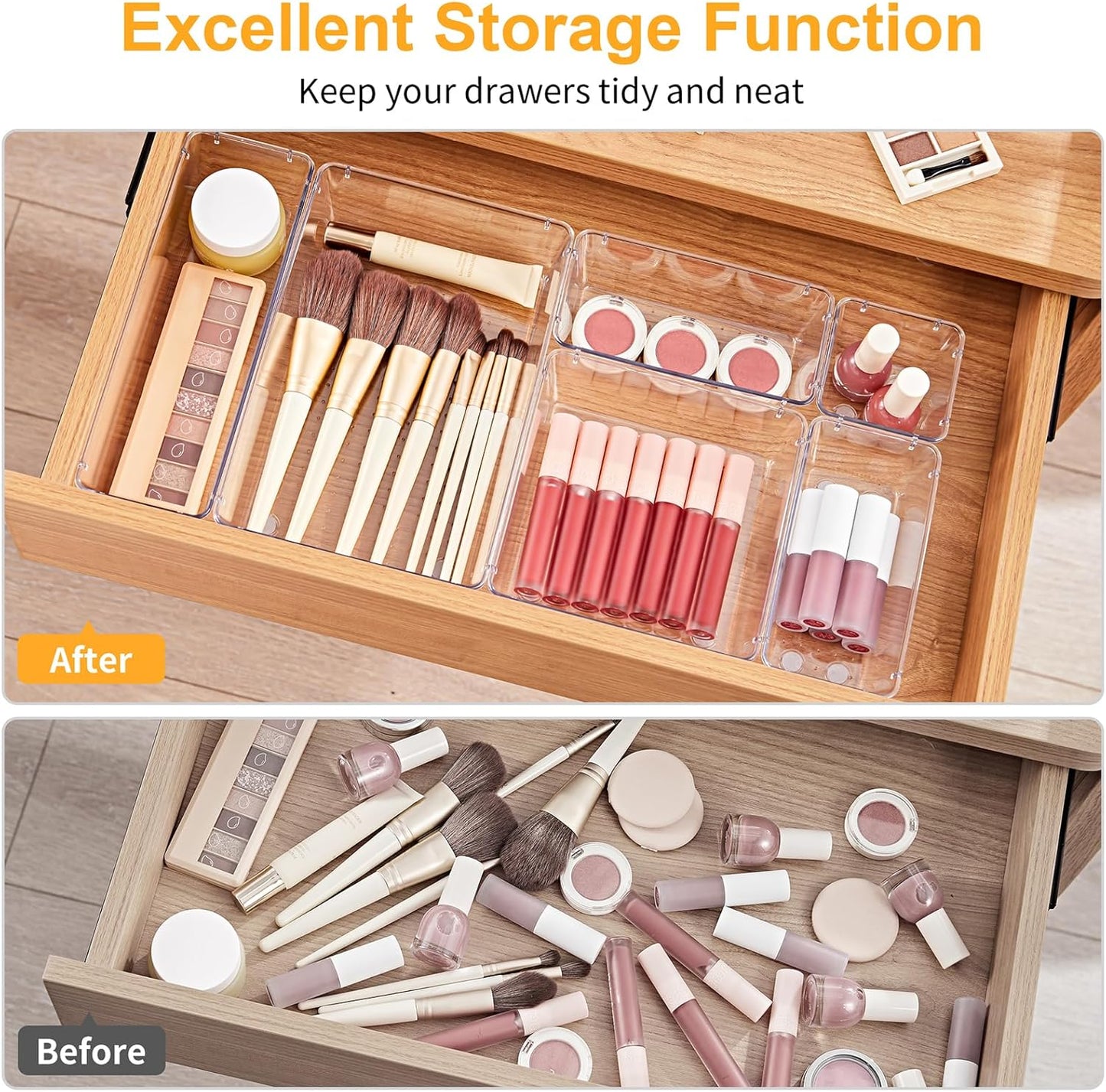 SMARTAKE 13-Piece Drawer Organizers - Non-Slip Silicone Pads | Versatile Storage Trays for Makeup, Jewelry & Utensils - Clear