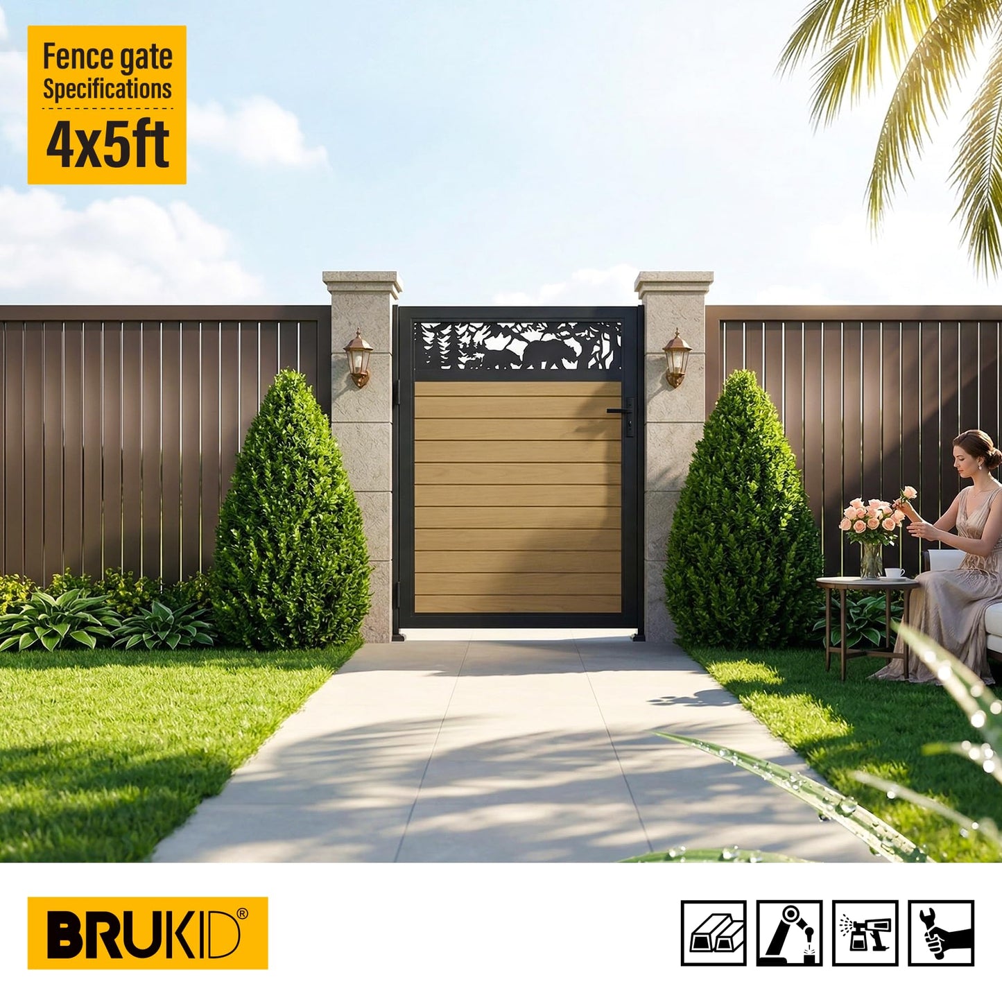 Brukid 4x5 FT Aluminum Fence Gate Kit Wood Grain Aluminum Gate with Decorative Cutout, Lock & Hinges, Left/Right Opening, Weather Resistant for Yard Garden Patio