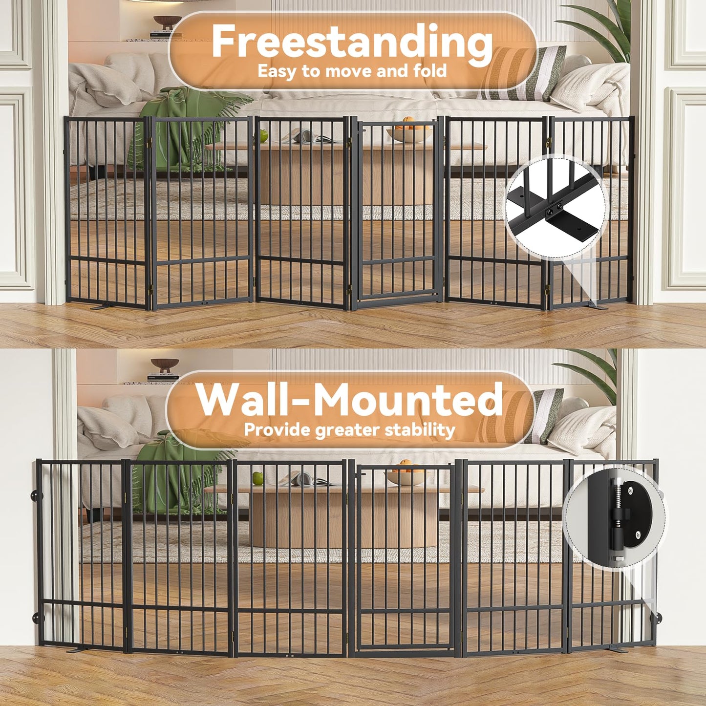 SNUOWU Full Metal Freestanding Dog Gate with Door, 36''Height Foldable Pet Dog Fence for Indoor & Outdoor, 6 Panels Extra Wide Free Standing TallDog Gates for Doorways,House,Stairs,Porch,Deck,Yard