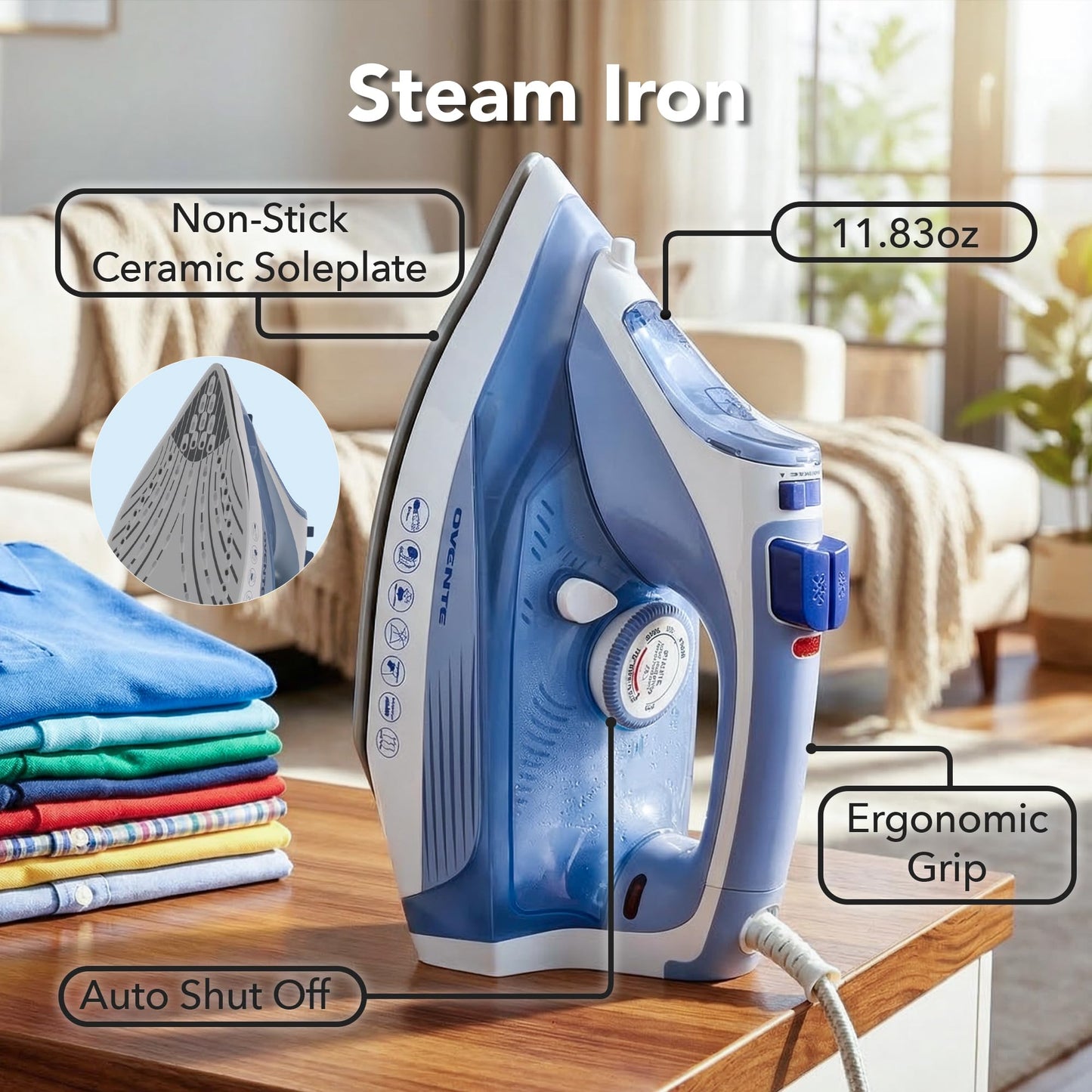 OVENTE Steam Iron for Clothes, 1200W Flat Iron with Non-Stick Ceramic Soleplate, Precise Thermostat Dial, Auto Shutoff, Self-Cleaning, Anti-Drip & 11.83oz Water Tank for Ironing Fabrics, Blue IRNL77BL