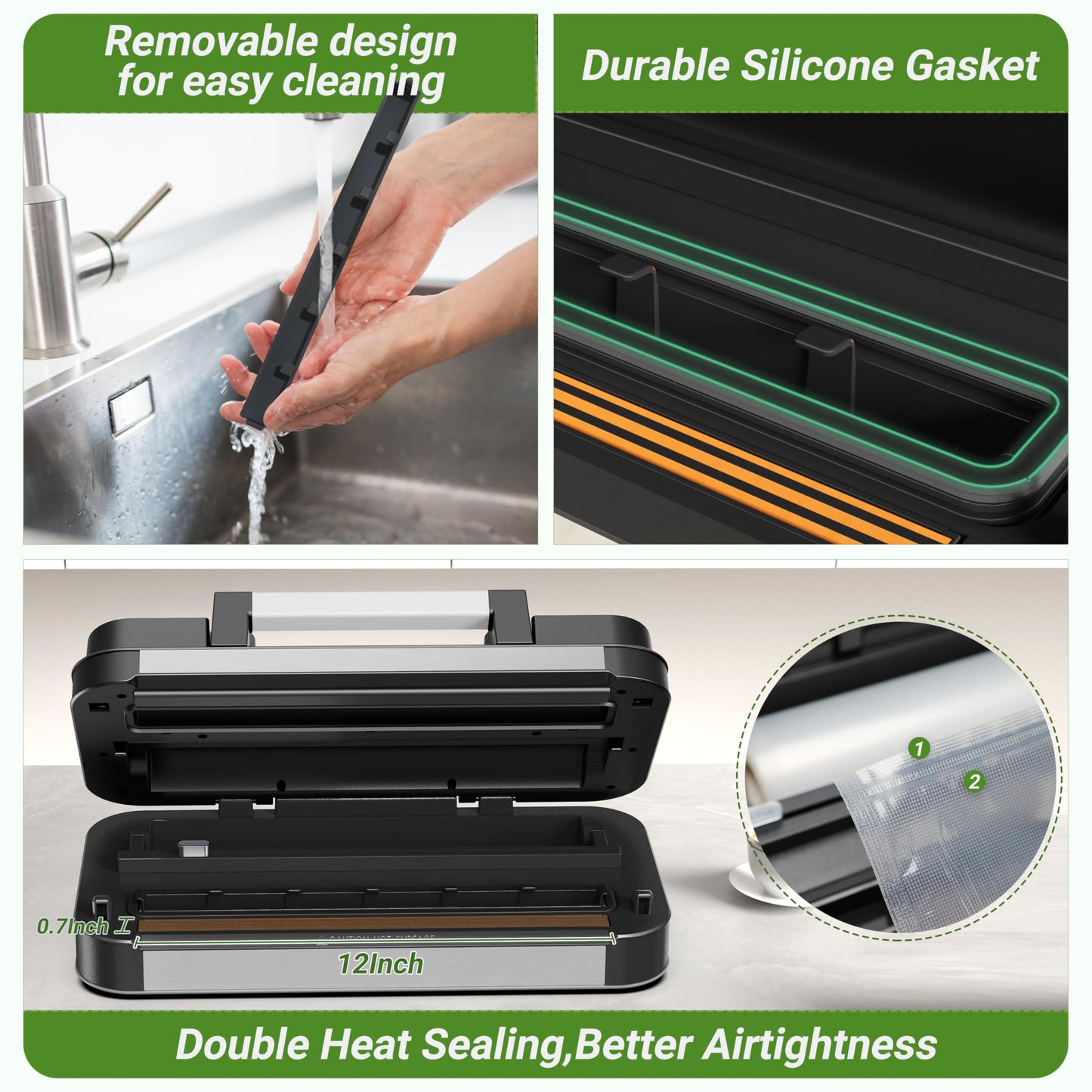 95kPa Vacuum Sealer Machine, Powerful Double Pump 10-in-1 Food Sealing System with Double Heat Seal, Built-in Cutter & Bag Storage, Easy-Lock Handle, Hose, 2 Bag Rolls, Durable Stainless Steel Design