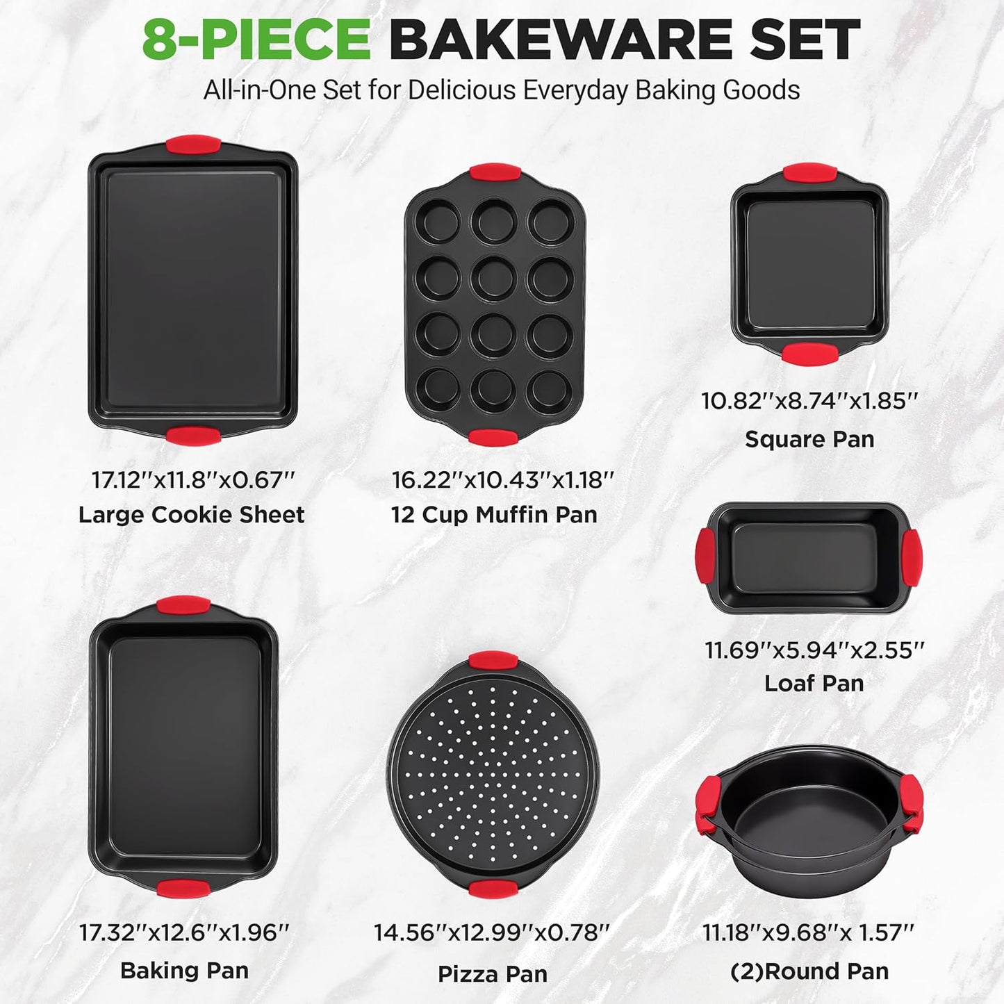 NutriChef Non-Stick Baking Pans Set - Deluxe Commercial Grade Bakeware with Red Silicone Handles | 8 Piece Gray Coating