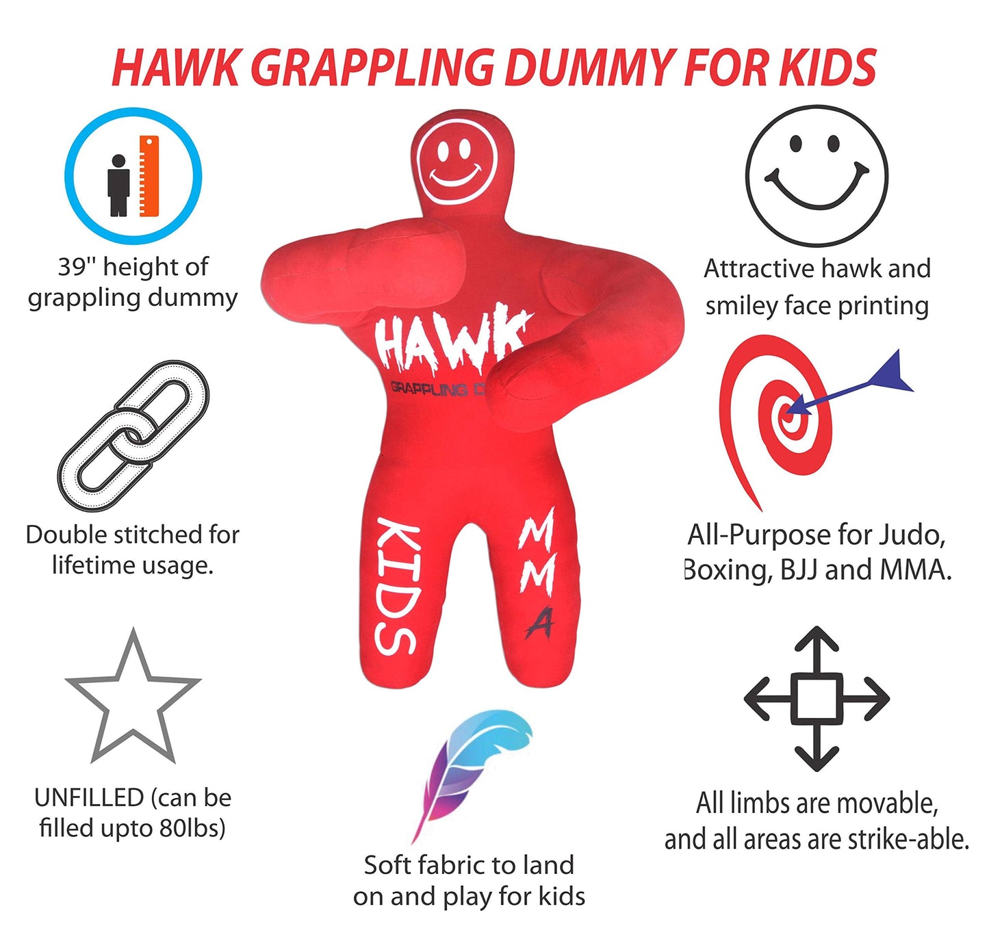 Hawk Sports HWK Kids Grappling Dummy & Baby Wrestling Dummy for Kids Lightweight Life-Size Training Model with Moveable Limbs for MMA, Jiu Jitsu, Judo, Karate, Boxing & Kickboxing - Red