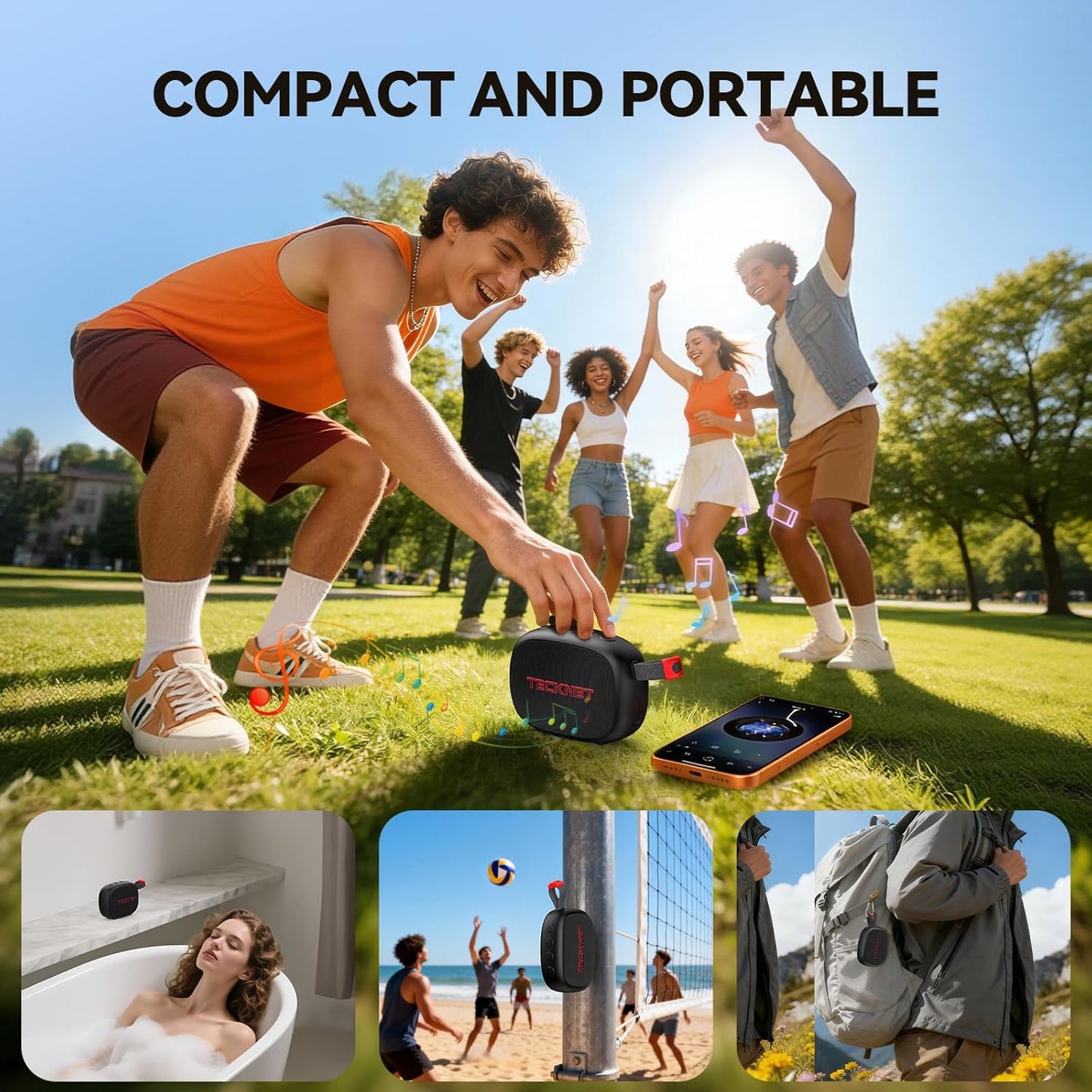 TECKNET IP67 30H 5.4, Portable Bluetooth Speaker, Waterproof Speaker with Stereo Sound, Up to Playtime, Magnetic
