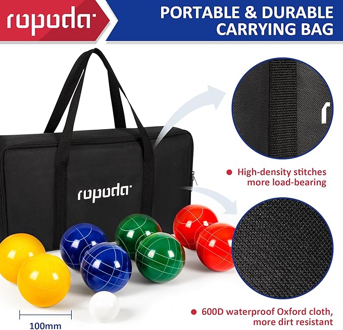 ropoda 100mm Bocce Ball Set Regulation Size and Weight with 8 Resin Bocce Balls, 50 mm Pallino, Carrying Bag, Measuring Rope, Backyard/Lawn/Beach/Outdoor, Bocci Games (Multi Colors, 2-8 Players)