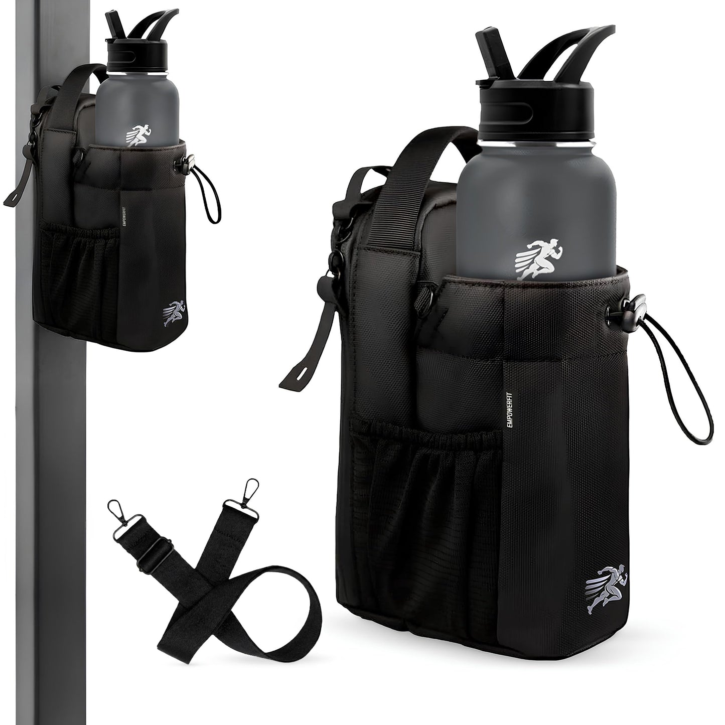 EMPOWERFIT Magnetic Gym Water Bottle Bag with 40oz Bottle – Magnetic Water Bottle Holder with Strap, Crossbody Bag, Phone Pocket, Waterproof Gym Accessories