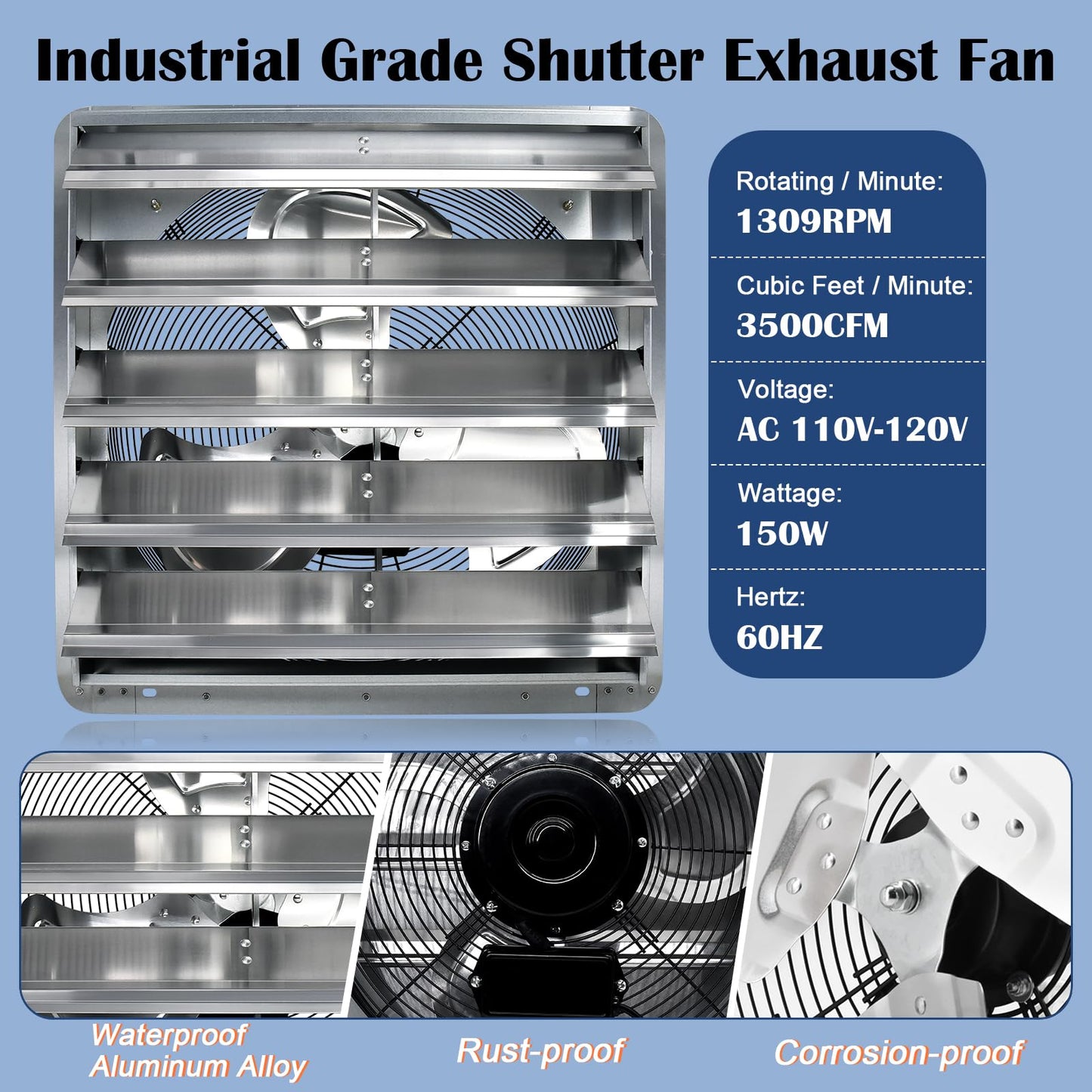 Hiorucet 20 Inch Shutter Exhaust Fan Wall Mounted, 3500CFM High Speed Low Noise Aluminum Louvered Exhaust Fan with 1.8m Power Cord for Greenhouse, Garage, Shop, Attics, Chicken Coop Ventilation Fan.