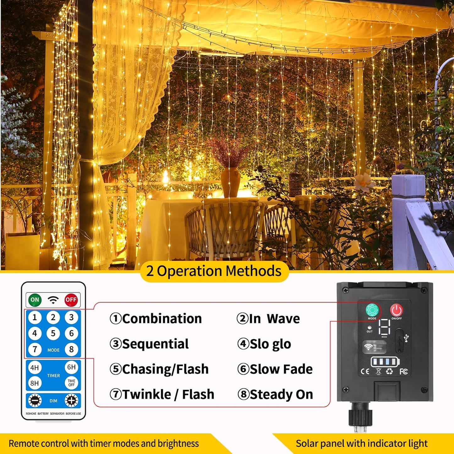 Skiennix Solar Curtain Lights - Waterproof 10x10 Ft 300 LED Twinkle Fairy Lights | 8 Modes, Remote Control, Rechargeable for Outdoor Events
