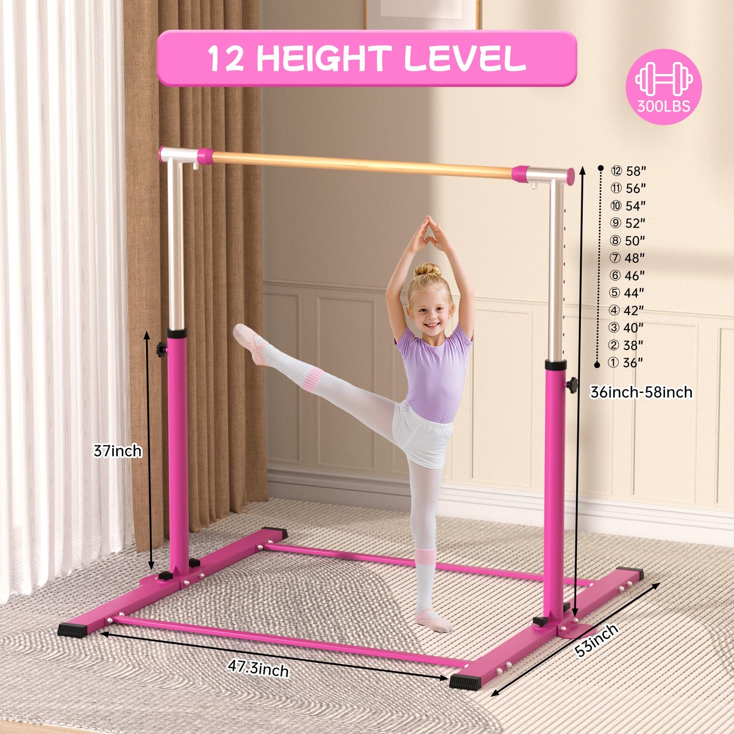 EL&IT·Wings Gymnastic Kip Bar,Horizontal Bar for Kids Girls Junior,3' to 5' Adjustable Height,Home Gym Equipment,Ideal for Indoor and Home Training,300lbs Weight Capacity