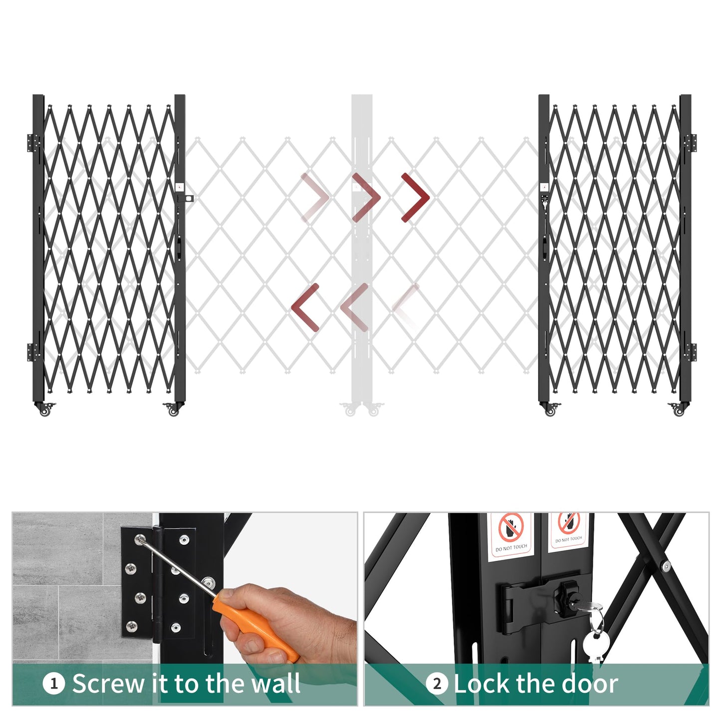 YITAHOME Double Folding Security Gate, 61" H x 130" W Door Gate,Flexible Expanding Security Gate, Steel Safety Gates, 360° Rolling Barricade Gate, Scissor Gate with Padlock, Aluminum Alloy Mesh,Black