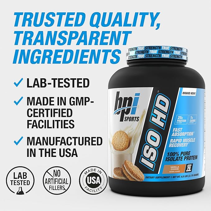 BPI Sports ISO HD Isolate Protein Powder ??100% Whey Isolate, Protein Powder for Muscle Gain - Vanilla Cookie, 4.8 LBS - 70 Servings