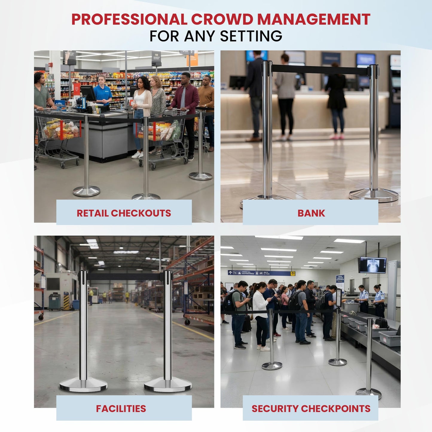 Crowd Control Warehouse Set of 2 Stanchion Retractable Belt Barriers, 11 Foot Black Belt Barrier with 40” Polished Stainless Steel Posts, Barriers with Heavy Duty Concrete Base, CCW Series RBB-100