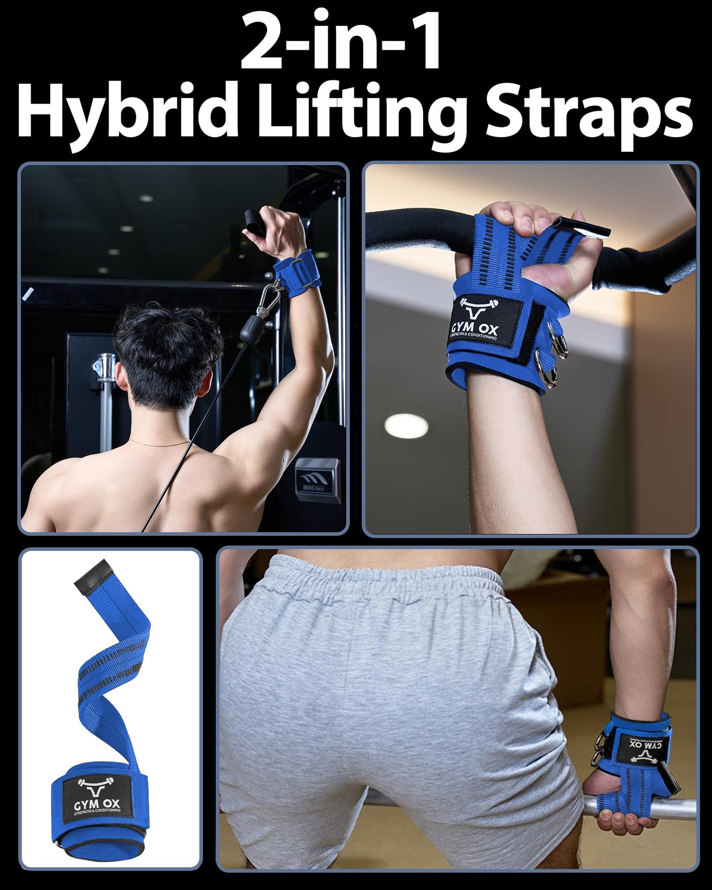 2-in-1 Weight Lifting Straps with D Ring, 7mm Neoprene Padded Wrist Support for Men & Women, Heavy Duty Gym Wrist Straps & Cable Machine Attachment for Gym, Powerlifting, Rows, Pull-ups (Blue)