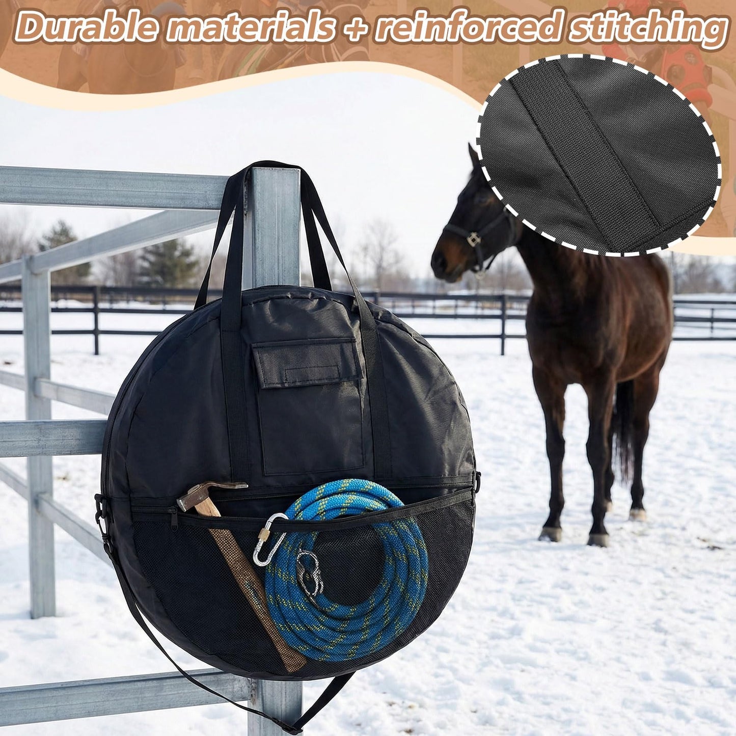 Shinylin 21 x 8 Inch Double Rope Bag with Strap for Trail and Working, Adjustable Strap Round Carry Bag for Roping Equipment Equestrian Accessories