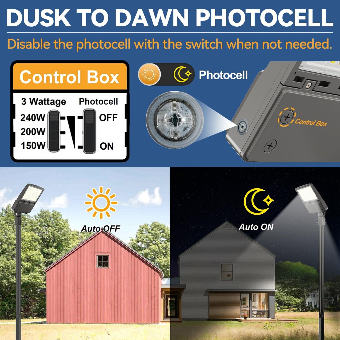 240W LED Parking Lot Light 3Pack: 150/200/240W Selectable, 38400LM 5000K LED Pole Light with Photocell, Slip Fitter Mount LED Shoebox Light for Yard Driveway Stadium Roadways, IP65 100-277VAC, ETL