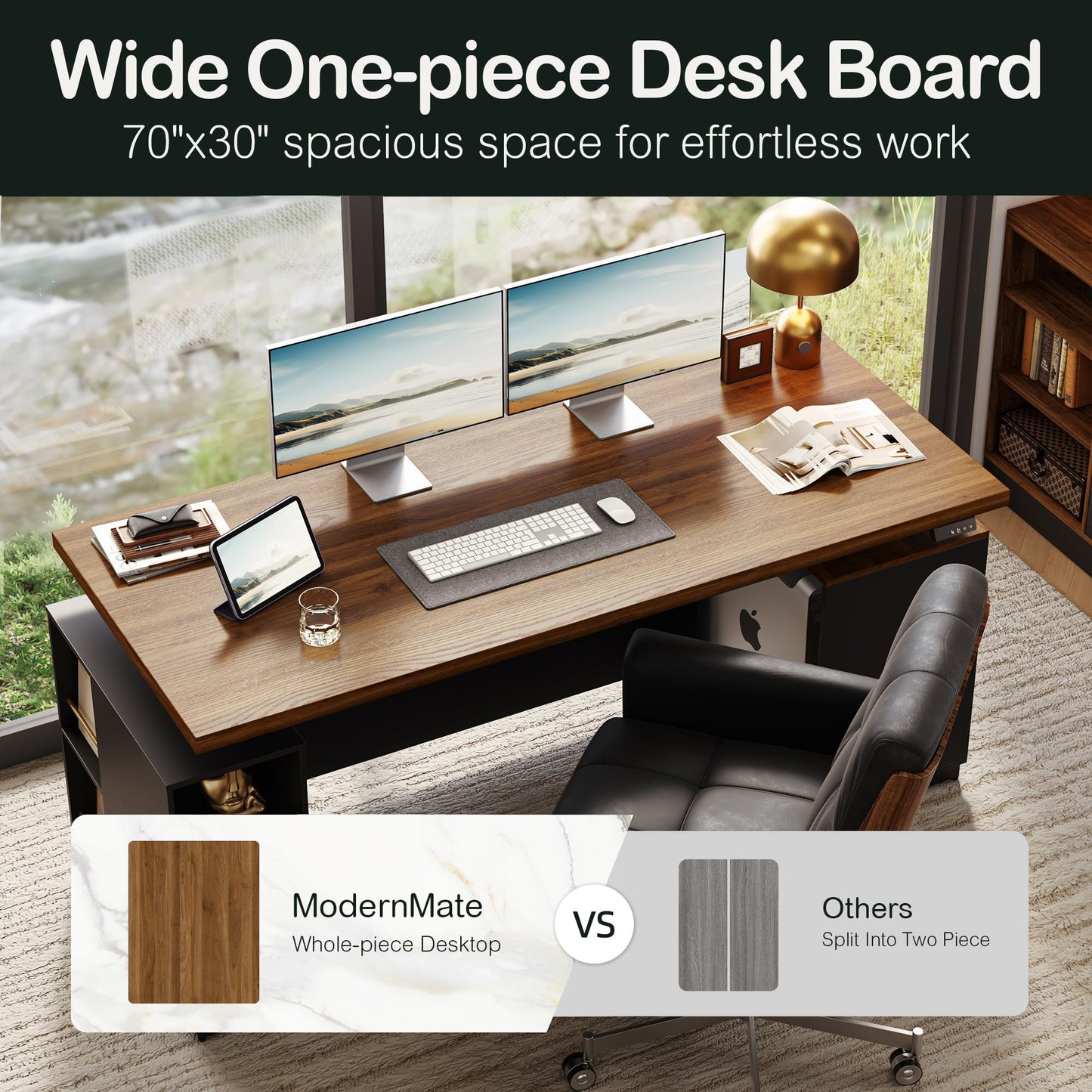ModernMate 71" Standing Desk with File Cabinet, AC/USB, 1.18" Desktop, L Shaped Height Adjustable Desk, Electric Furniture Set with Multiple Functions for Home and Office, Black Walnut