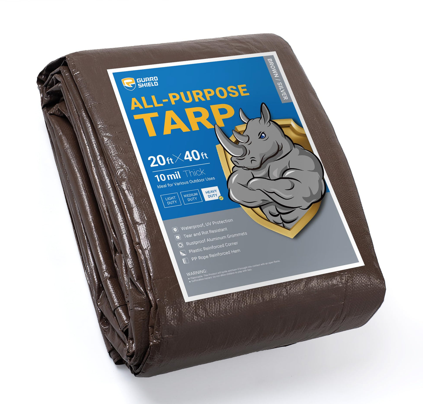 GUARD SHIELD Tarps Heavy Duty Waterproof 20x40 Feet Brown/Bright Silver Poly Tarp Cover Square Outdoor Thick UV Resistant Tarpaulin with Grommets 10mil
