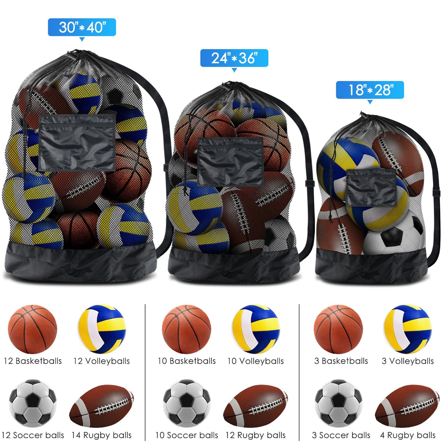 BROTOU Thickened Extra Large Sports Ball Bag Mesh Socce Ball Bag Heavy Duty Drawstring Bags Team Work for Holding Basketball, Volleyball, Baseball, Swimming Gear with Shoulder Strap (24” x 36”)