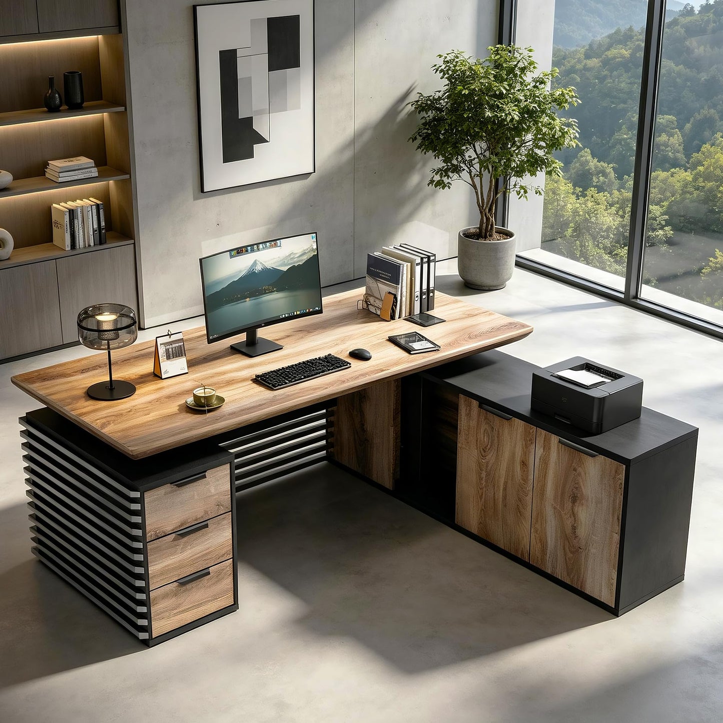 Electric Height Adjustable Executive Desk, Luxury L-Shaped Office Desk with Storage Cabinet & Charging Station, Solid Thickened Desktop, 70" Modern CEO Workstation for Home Office & Corporate Office