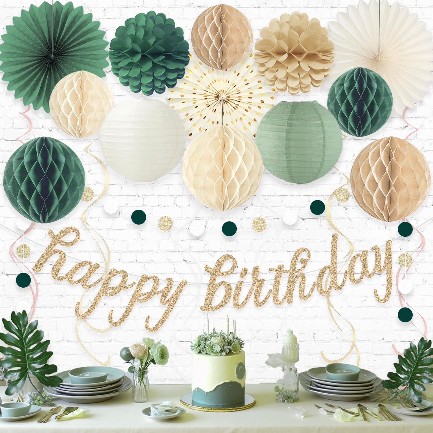 Sage Green Happy Birthday Decorations, Pre-Strung Happy Birthday Banner with Honeycomb Balls, Paper Flowers, Lanterns, Hanging Swirls, Circle Dots Garland for Birthdays Party Decorations 24pcs