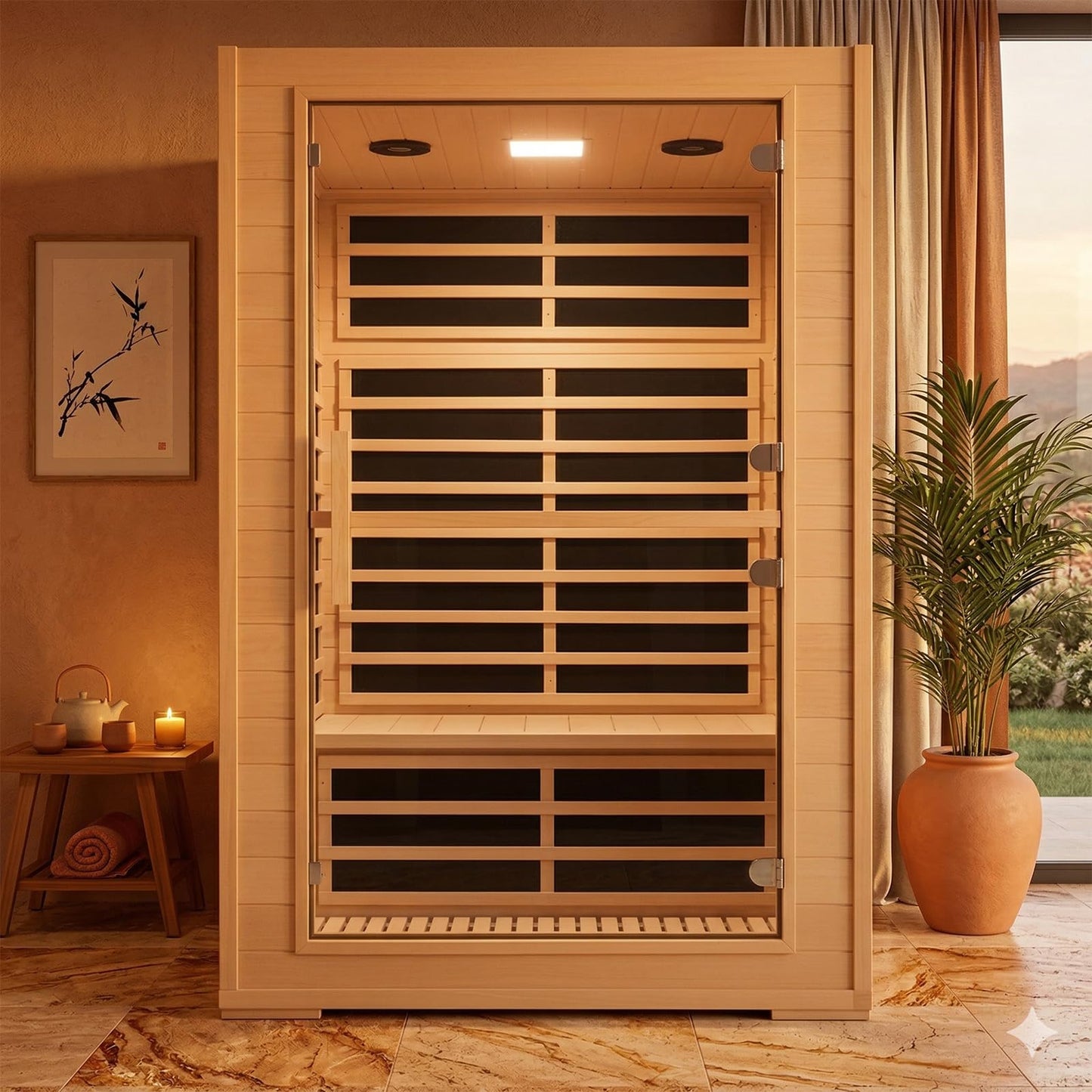 2 Person Far Infrared Sauna for Home, Canadian Hemlock Wood Infrared Sauna, 1800W Low EMF Sauna with 8 Mica Heating Panels, Bluetooth, FM Radio, Color Light Therapy, Indoor Home Spa Sauna