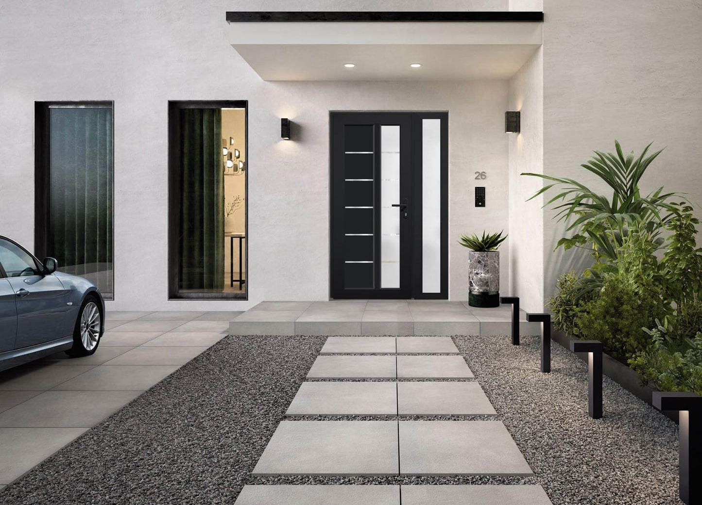 VDOMDOORS Front Exterior Prehung Fiberglass Door Frosted Glass/Manux 8088 Matte Black/Side Exterior Window/Entrance Patio Garage-W30+12" x H80-Left-hand Inswing