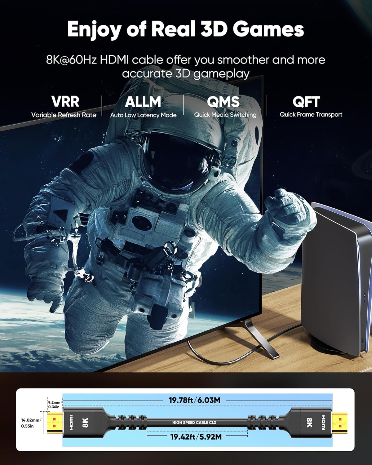 20FT 8K 2.1 CL3 48Gbps] 8K@60 4K@120Hz/144Hz, 2.2 2.3, 30 40 Highwings HDMI Cables Long, Ultra High Speed HDMI Cable