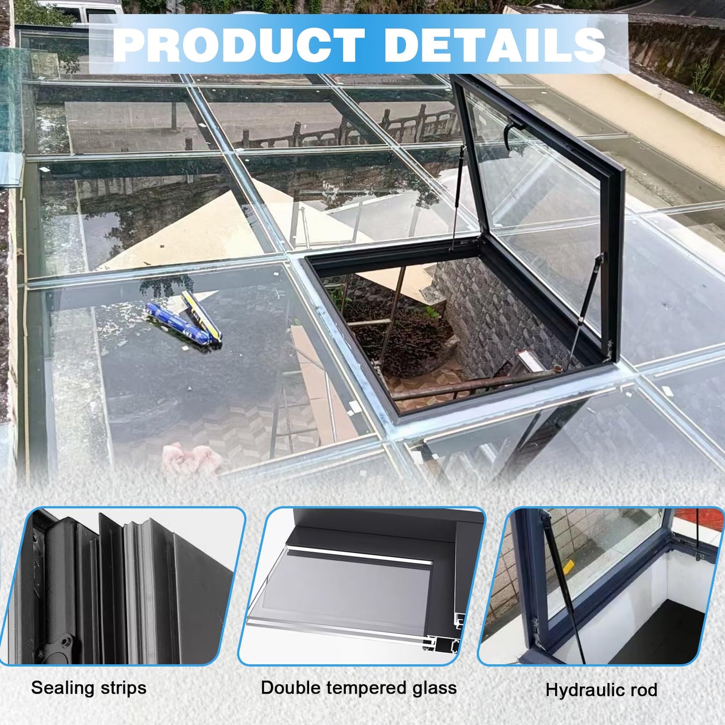 Skylight Roof Window, Tempered Glass Skylight Cover, Aluminum Alloy Frame & Hydraulic Rod, Egress Roof Window with Double-Layer Tempered Glass, for Roof, Attic, Basement, Sun Room(30.7*38.5in/78*98cm)