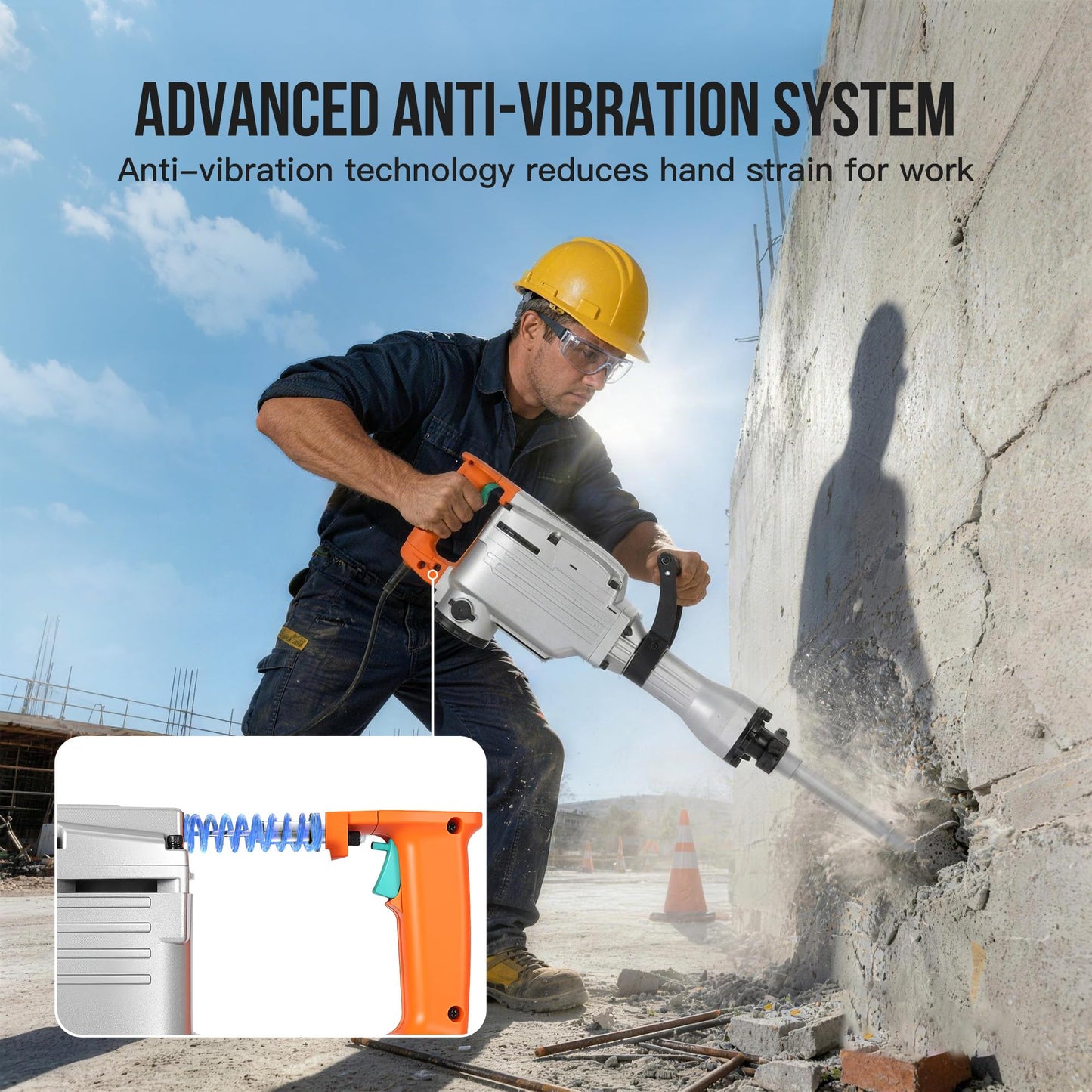 1500W Electric Demolition Jack Hammer, 1800 BPM Heavy Duty Concrete Breaker, 60J Impact Energy & Anti-Vibration System, 360° Handle, Carrying Case, 3 Point, Flat,100mm Flat Chisel