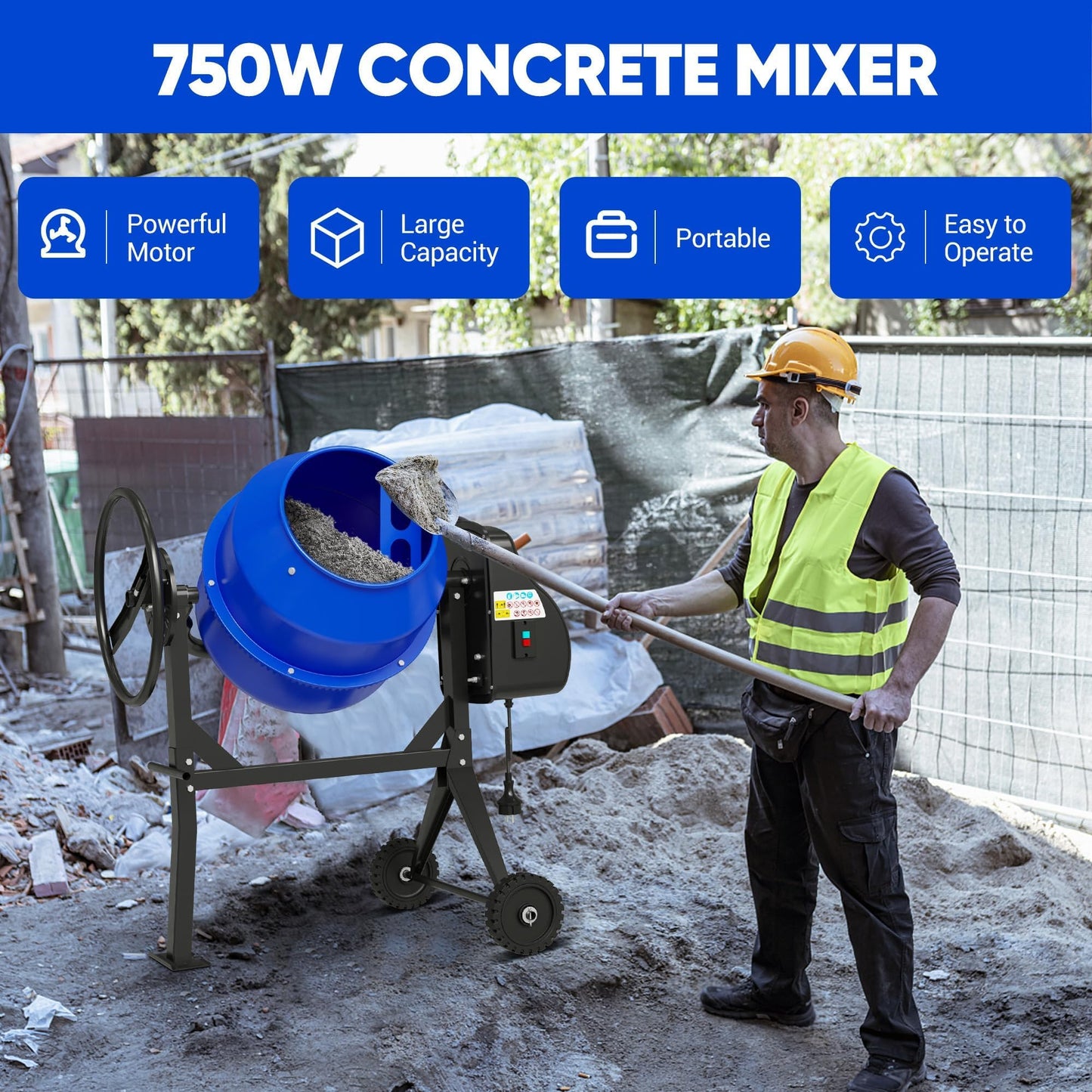 SILVEL Electric Cement Mixer, 5.3 Cu.Ft.750W Portable Concrete Mixer Machine with Wheels & Stand Steel for Stucco, Mortar, Feed Mixing, Farm Use, Orange
