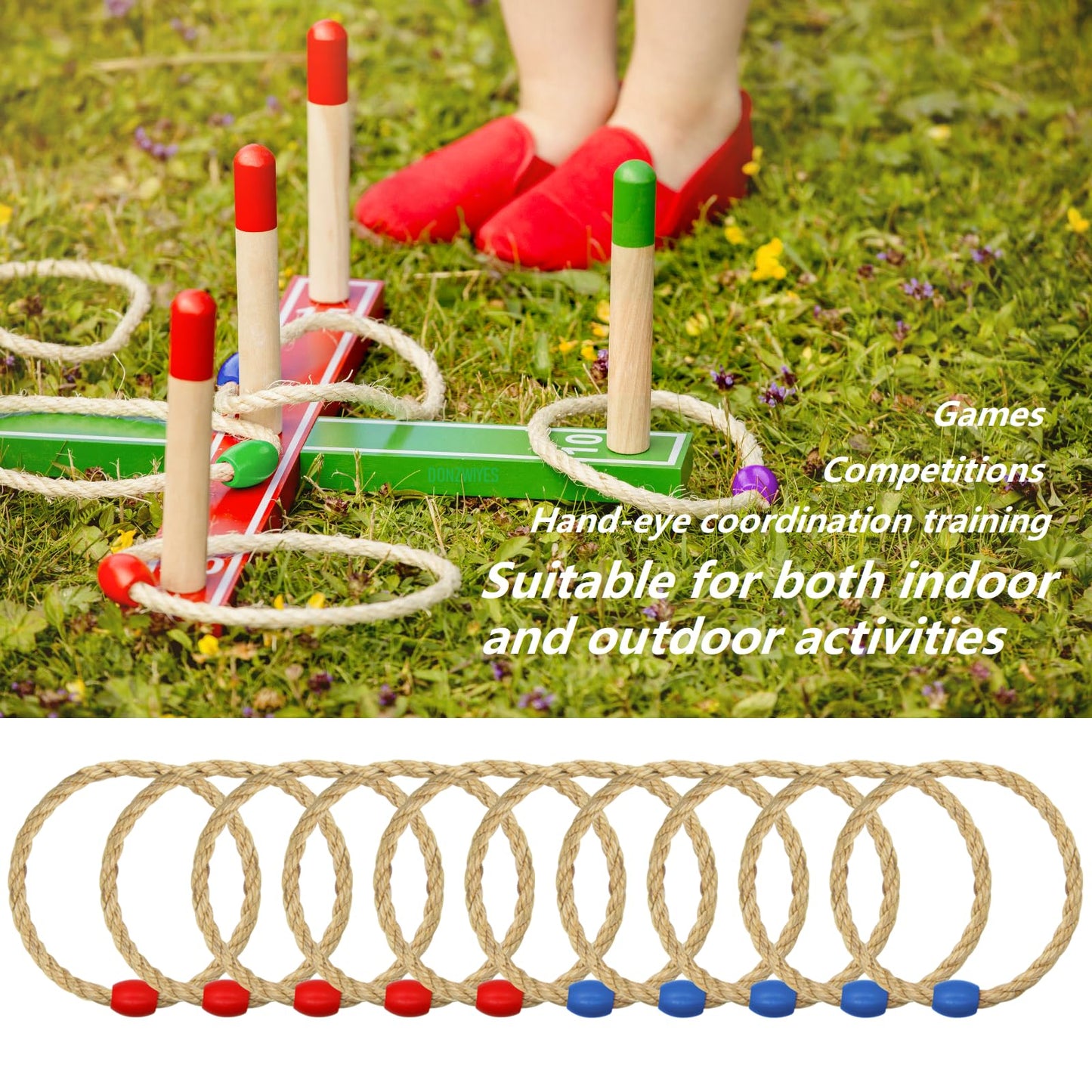 10 Pack Sisal Rope Ring Toss Game Replacement Parts for Kids and Adults, Outdoor Toss Rings for Speed Agility Practice Game,Yard Games Lawn Games for Party(Red and Blue)