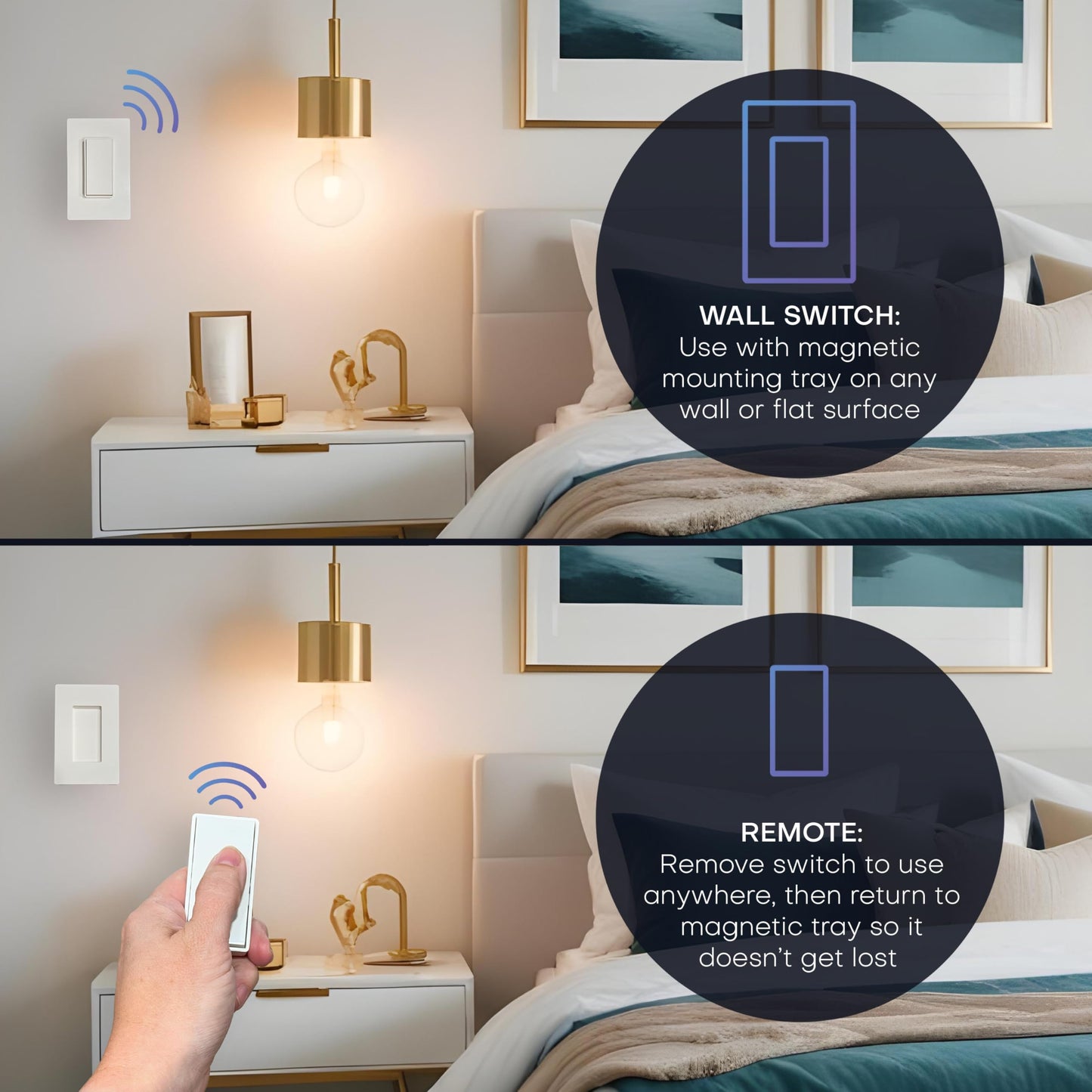 RunLessWire 3-Way Detachable Battery-Free Wireless Light Switch Kit 150ft RF Range for DIY Home Electrical Projects: 2 Removable Magnetic Remote Switches Control 1 5A On/Off Receiver - White