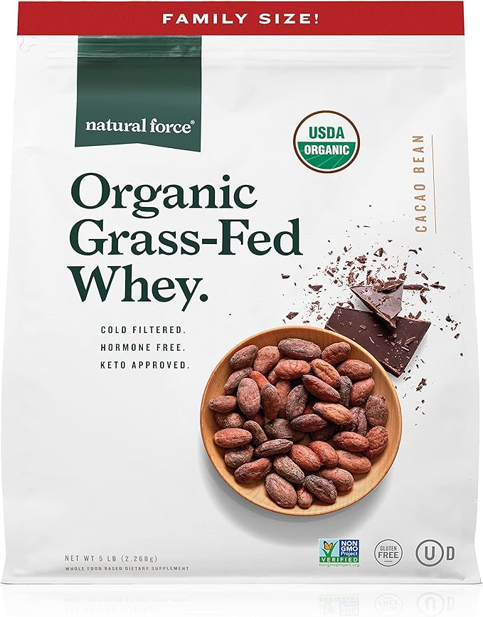 Natural Force Whey Protein Powder ??Chocolate, 5 lbs ??Grass Fed Organic, Pure, Keto & Paleo Friendly, Low Carb, Kosher, Non GMO ??Family Size A2 Protein