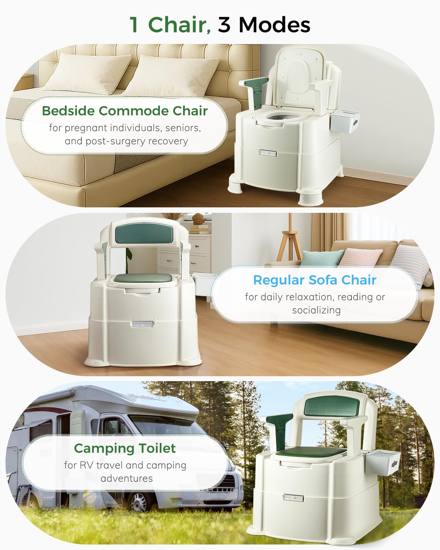 HygiVital Bedside Commode, 500lbs Heavy Duty & Upgraded Commode Toilet Potty Chair, Portable Camping Toilet, Detachable Armrests, Automatic LED Light, 2-Level Height, 3 Rolls of Commode Liners 【Green】