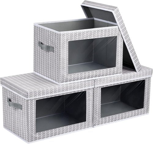 Homsorout Storage Cubes - 3-Pack Fabric Bins with Lids & Windows | Decorative Grey & White Storage Solutions