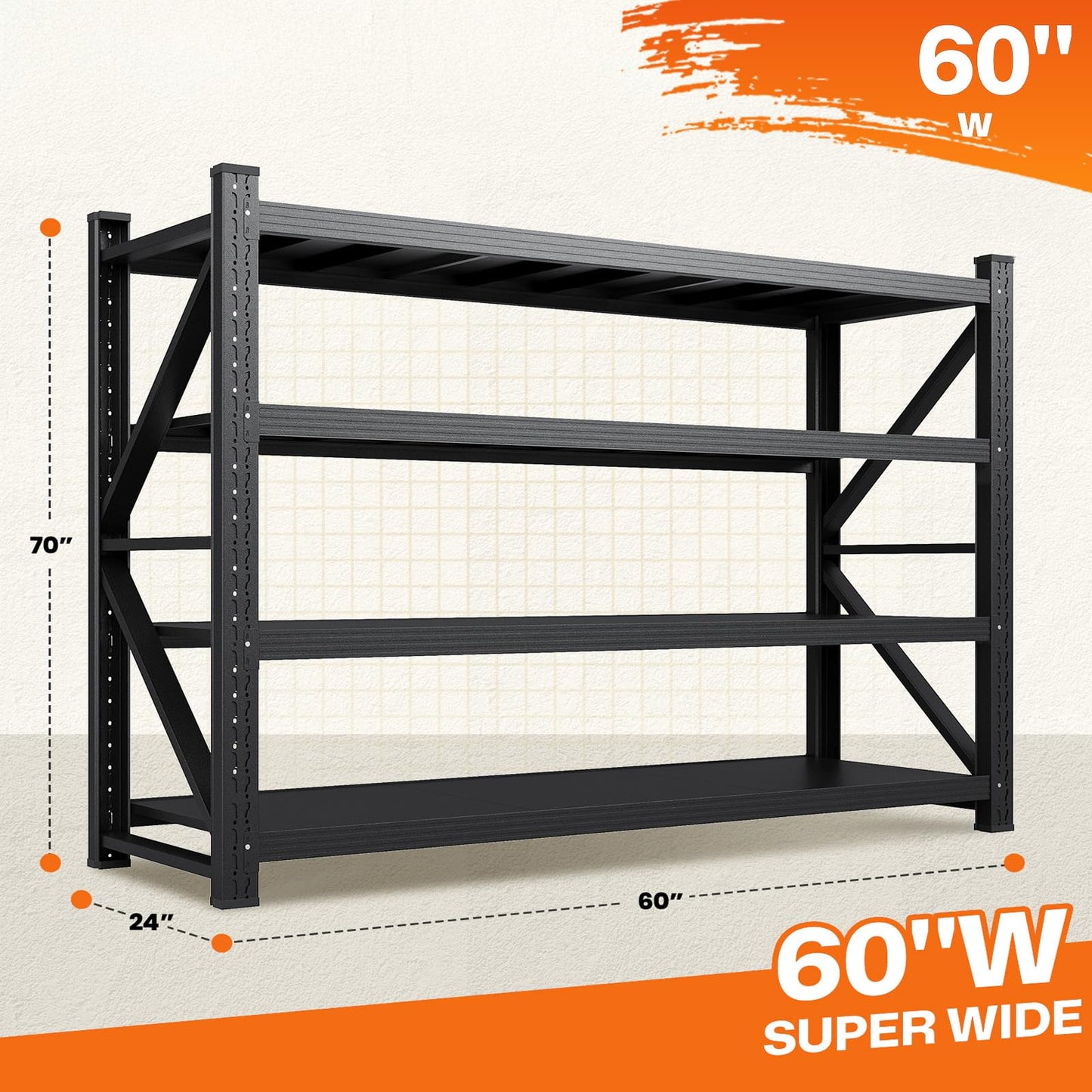 70H"Garage Shelving Units,5000LBS Storage Shelves,Garage Shelving Heavy Duty Metal Adjustable Shelves,Metal Shelving Rack,4Tier Large Tall Industrial Shelving for Warehouse,Pantry 60" W*24" D*70" H