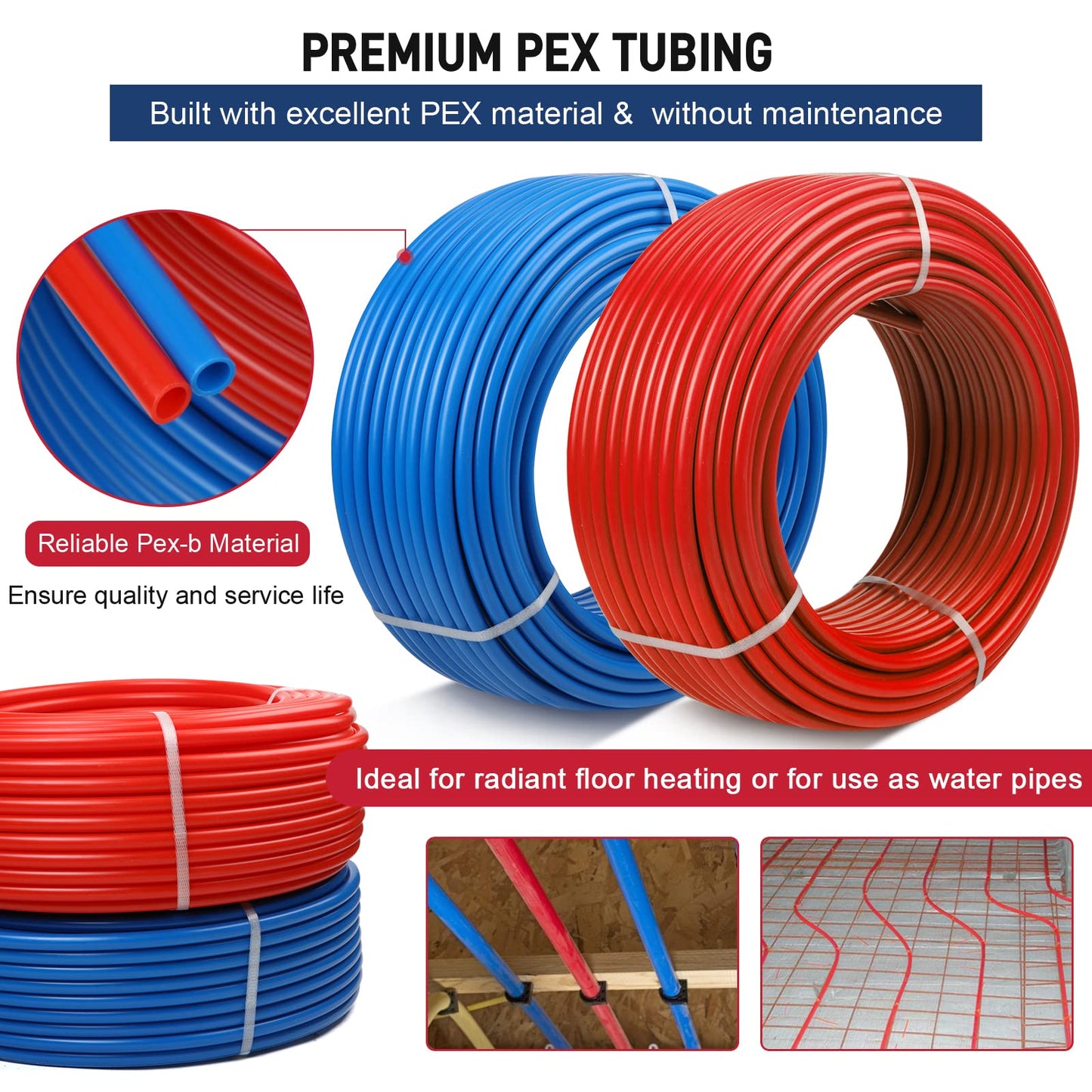 PEX Pipe 1/2 Inch 300ft 2 Rolls PEX Tubing EVOH pex-B pipe Non Oxygen Barrier Durable Leakage-Proof Flexible for Residential Water Lines in Homes Pex Radiant Heat Tubing(Red+Blue)