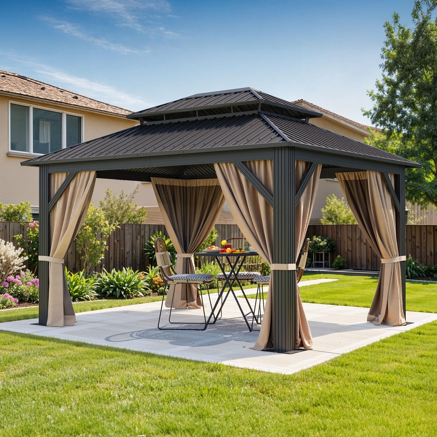 DWVO 12x14ft Hardtop Gazebo Double Roof with Nettings and Curtains, Heavy Duty Galvanized Steel Outdoor Vertical Stripes Roof for Patio, Backyard, Deck, Lawns, Brown