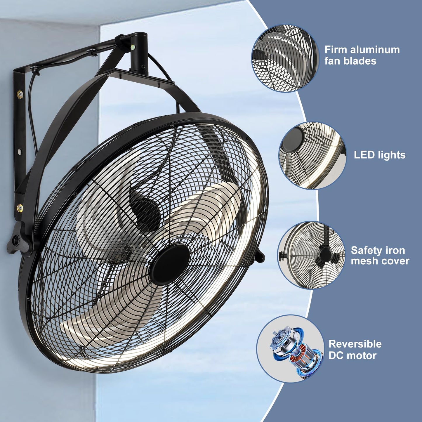 AHAWILL 20 Inch Wall Mount Fan with Lights,6-Speed High Velocity Wall Fan Dimmable Gazebo Fan,360°Adjustable Tilt Industrial Outdoor Fans for Patio,Garage,Workshop,Commercial,Black